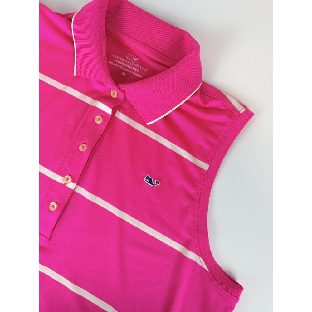 Vineyard Vines Performance Sleeveless Hot Pink Striped Polo Sz M Country Club